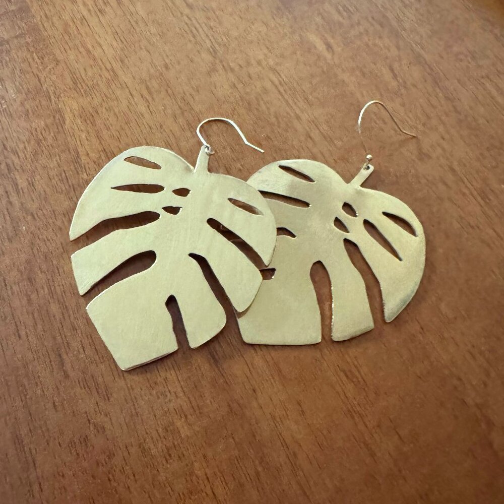 Golden brass monstera plant earrings - necklace pendant